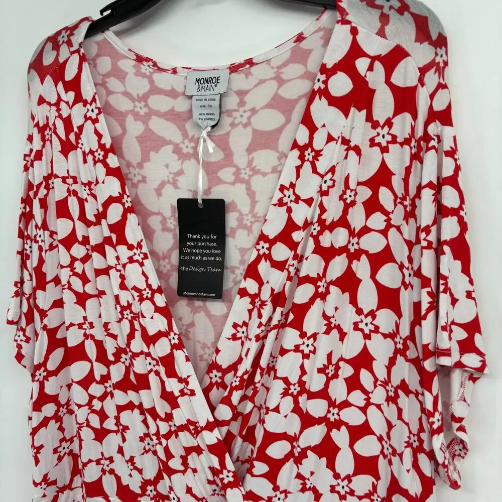 NWT Monroe & Main Red Floral V-Neck Jersey Midi Dress Size 3X Casual‎ Stretchy